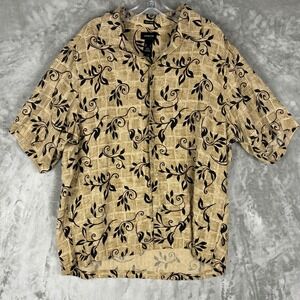 Claiborne Mens L 100% Silk Short Sleeve Button Down Shirt Tan Black Leaf Print